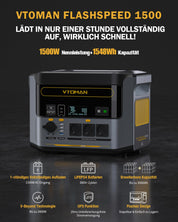 VTOMAN FlashSpeed 1500 Tragbare Powerstation 1548Wh mit 400W Solarpanel, LiFePO4 Solargenerator, 230V/1500W AC Ausgang/Eingang, Schnelle Vollladung in 1 Stunde für Zuhause, Angeln, Camping