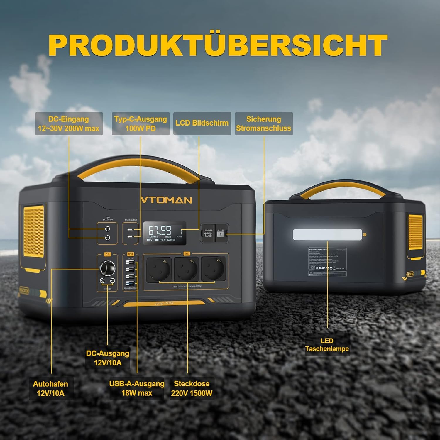 VTOMAN Jump 1500X Tragbare Powerstation mit 200W Solarpanel - 828Wh/1500W Solar Stromgenerator LiFePO4 Batterie Stromspeicher, Erweiterbare Kapazität auf 2376Wh für Camping, Reisen, Wohnmobil, Notfall